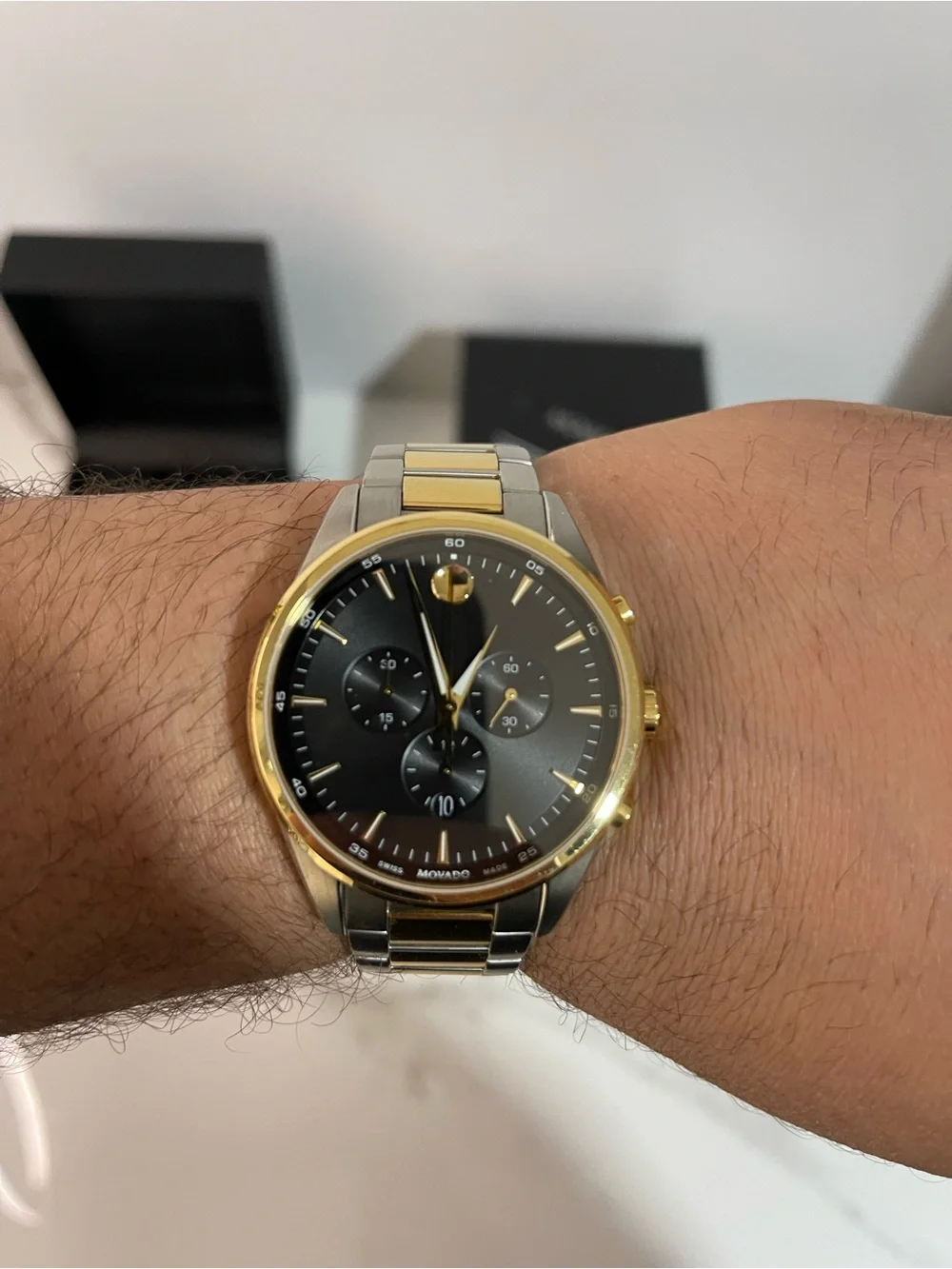 Movado Two Tone Bracelet Watch with Black Dial